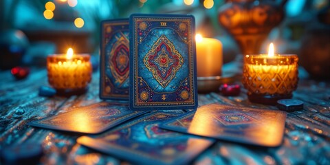 A mystical scene of divination with tarot cards and candles on a wooden table. - obrazy, fototapety, plakaty