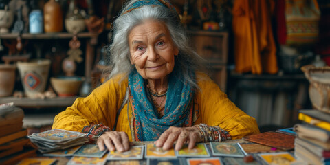 A cheerful and positive senior Indian woman, a fortune teller, with a traditional hat.