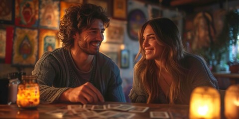 A cheerful couple enjoys talking, laughter, and divination with candles, creating a mysterious and enjoyable atmosphere. - obrazy, fototapety, plakaty