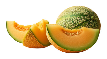 Cantaloupe melon slices with seeds on transparent background, closeup fruit photography