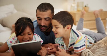 Tablet, relax and father with kids on a bed for gaming, bonding or streaming at home. Digital, app and happy family online with love in a bedroom for cartoon, ebook or learning with storytelling