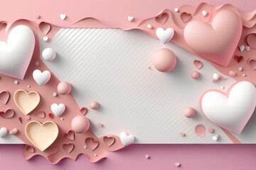 Whute 3D hearts and confetti on pink and white background. Space for text. Generative AI