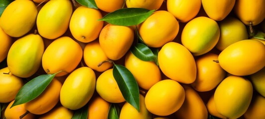 Creative food summer mangos fruits banner background texture - Top view of many fresh ripe mango...