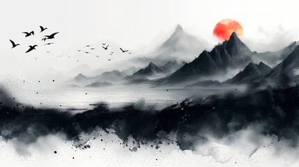 A beautiful fantasy landscape on a white background. Mountains, trees, fog. Watercolor painting. Abstract intricate splashes of paint on a white background. Generative AI.