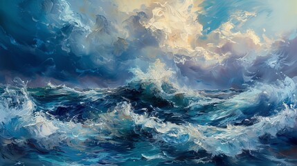 Fototapeta na wymiar Stormy waves in the ocean, oil painting on canvas