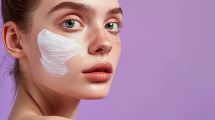 Beautiful young woman with white cream on her face. Beauty face. Photo taken in the studio