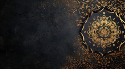 Exquisite gold Islamic patterns adorn a dark textured backdrop, exuding elegance. Islamic Arabic Arabesque Ornament Border Luxury Abstract black Background with Copy Space