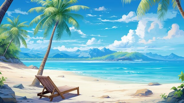 Tropical beach landscape with beach chair. Ocean seashore. 