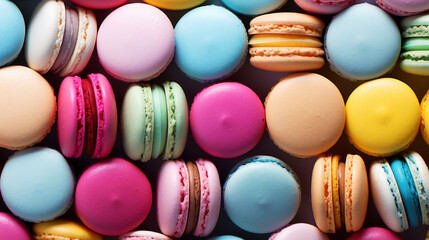 Fototapeta na wymiar Colourful macarons backdrop. View from above. Aesthetic delicious background. Pastel colour palette. Generative AI