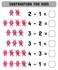 Mathematical examples of subtraction with cute monsters. Printable sheet for preschoolers. Vector illustration