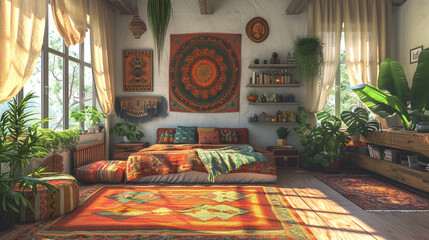 Enter a Bohemian paradise filled with vibrant tapestries, mismatched furniture, and an abundance of plants, creating a whimsical and cozy retreat.  - obrazy, fototapety, plakaty
