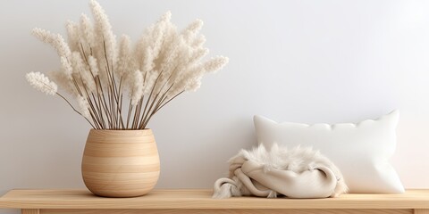 Obraz premium Minimal Scandinavian interior design with an elegant clay pot and a fluffy bunny tail grass bouquet on a rattan bench.
