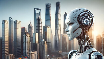 woman robot portrait on city skyscrapers background