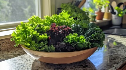 Fototapeta na wymiar Bowl of leafy greens and ripe veggies on a sunny kitchen counter