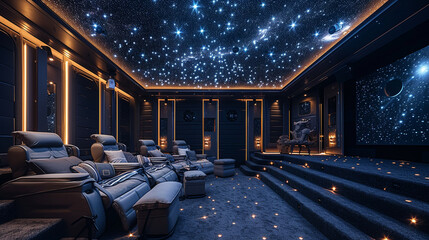 Enter a cosmic-themed home theater with fiber optic star ceiling, custom recliners, and immersive...