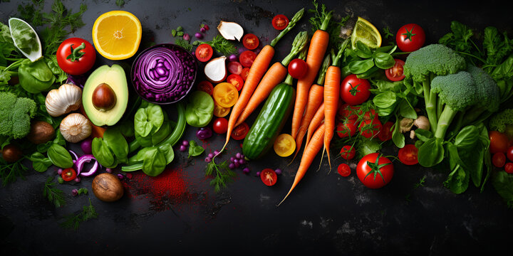 Healthy fresh different eating vegetables fruits real food pyramid assortment still life black background. 