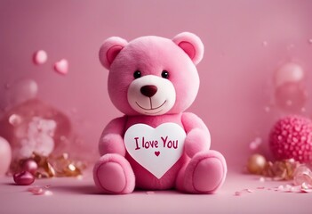 A pink teddy bear with a cute face holds a red rose between its paws with a beautiful pink background. Happy Valentine's Day.