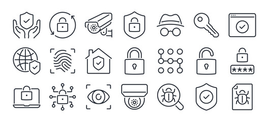 Safety, security and protection concept editable stroke outline icons set isolated on white background flat vector illustration. Pixel perfect. 64 x 64.