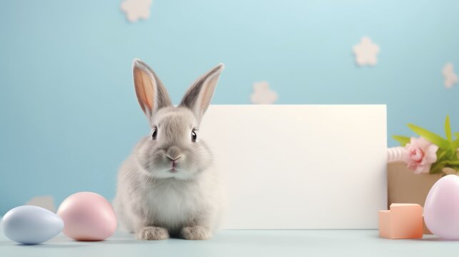 Happy Easter concept a cute bunny poses with a blank whiteboard