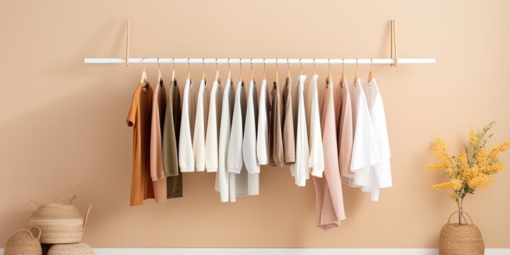 Fashion stylist curates essential wardrobe with neutral colors and wooden hangers.