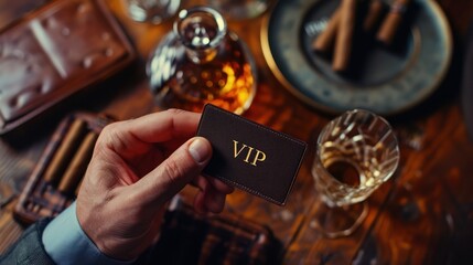Man holds card with word VIP . View from the top on the gentleman's hand that holds exclusive VIP membership card next to the wooden table with whisky in carafe and glass with cigars - obrazy, fototapety, plakaty