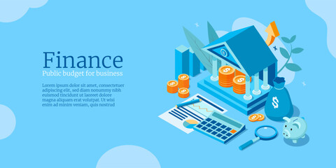 Bank building. Public budget for business. Finance government. Tax and loan paying. Financial accounting. Money grant. Banking deposit. Investment revenue. Vector isometric background