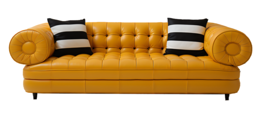 funky yellow sofa with black and white details and decorations isolated on transparent background, png 