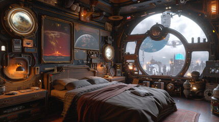 Enter a time-traveling bedroom with elements from various eras, where a Victorian bedframe, retro posters, and futuristic gadgets coexist in a harmonious blend of past and future.  - obrazy, fototapety, plakaty
