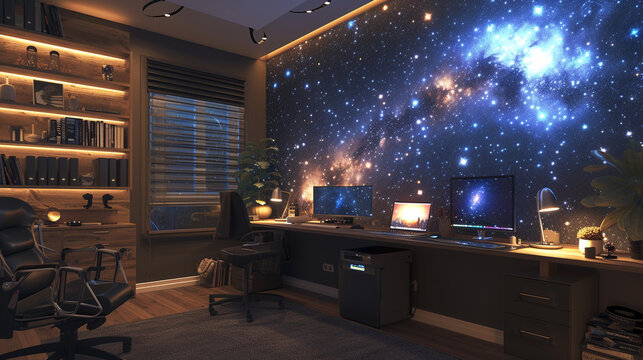 Explore a celestial-themed home office with constellation-patterned wallpaper, an adjustable standing desk, and an immersive virtual reality space, blending work and imagination. 
