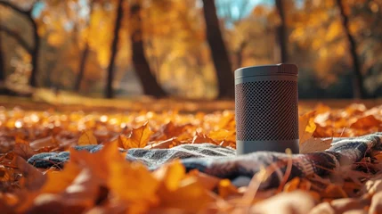 Fototapete Rund A compact, portable speaker on a picnic blanket in a park, surrounded by autumn leaves.  © AI By Ibraheem