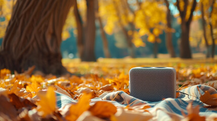 Naklejka na ściany i meble A compact, portable speaker on a picnic blanket in a park, surrounded by autumn leaves. 