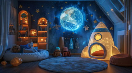 Explore a cosmic-themed children's room with glow-in-the-dark constellations, rocket-shaped bookshelves, and interactive elements that spark imagination and wonder. 