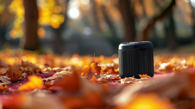 A compact, portable speaker on a picnic blanket in a park, surrounded by autumn leaves. 