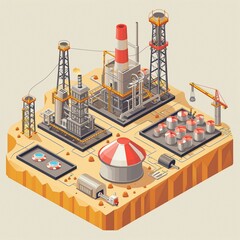 project teamwork in the field of oil production. isometric illustration