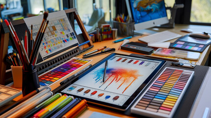 A digital drawing tablet and stylus on a creative workspace, with sketches and color palettes around.  - obrazy, fototapety, plakaty
