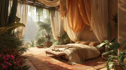 Explore a desert oasis-themed bedroom with warm earth tones, canopy bed draped in sheer fabric, and custom-made cactus-shaped furniture, creating a serene and exotic retreat.  - obrazy, fototapety, plakaty