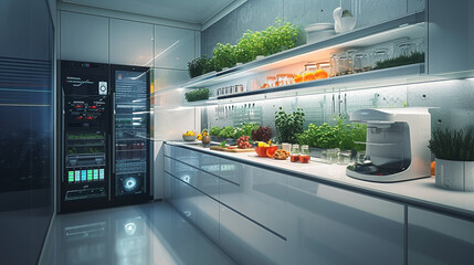 Explore a high-tech kitchen where smart appliances seamlessly integrate with sleek countertops, holographic recipe displays, and an interactive herb garden. 