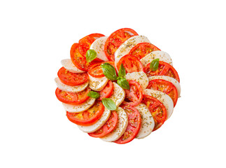 Italian caprese salad with sliced tomatoes, mozzarella, basil, olive oil