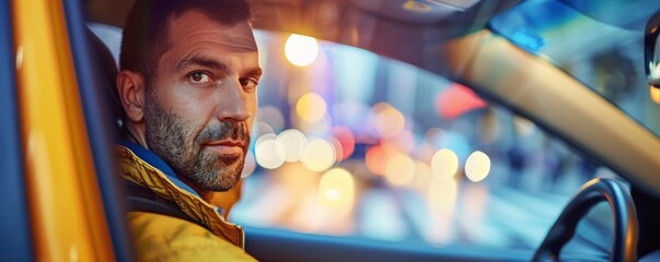 Portrait of taxi driver. Driver driving through city in yellow car