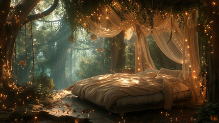 Explore a whimsical fairy tale bedroom with a canopy bed draped in sheer fabric, twinkling fairy lights, and whimsical wall murals, creating a dreamlike escape.  - obrazy, fototapety, plakaty