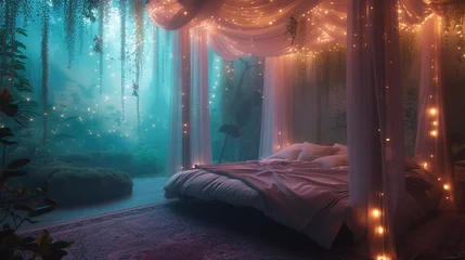 Fotobehang Explore a whimsical fairy tale bedroom with a canopy bed draped in sheer fabric, twinkling fairy lights, and whimsical wall murals, creating a dreamlike escape.  © Adnan Bukhari