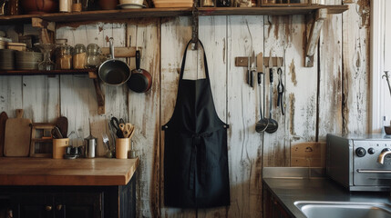 A high-quality chef's apron hanging on a hook in a rustic kitchen, with cooking utensils beside it. 