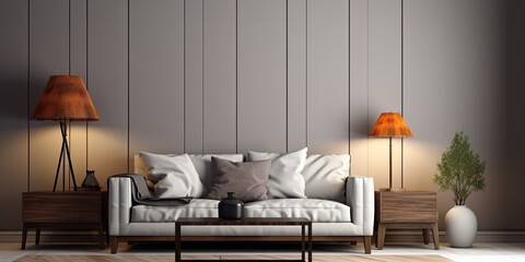 Interior concept with grey living room, picture on wall, wooden table, and lamp in two-door setting.
