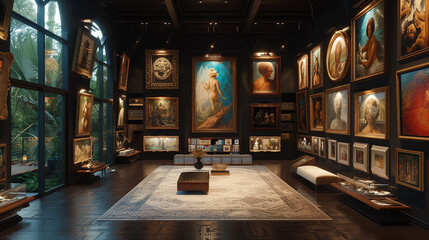 Explore an art collector's haven, where each wall is a canvas, adorned with masterpieces, lit by carefully positioned spotlights to create a museum-like ambiance. 