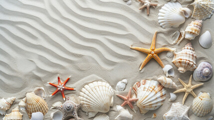 Fototapeta na wymiar Seashells and starfish on white sand with copy space