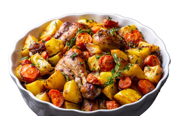 Baked chicken thighs and fried potatoes look delicious. - obrazy, fototapety, plakaty