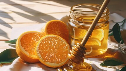Conceptual illustration showcasing honey and the citrusy goodness of oranges in a glass jar, with a wooden spoon dipper, symbolizing a perfect fusion of flavors - obrazy, fototapety, plakaty