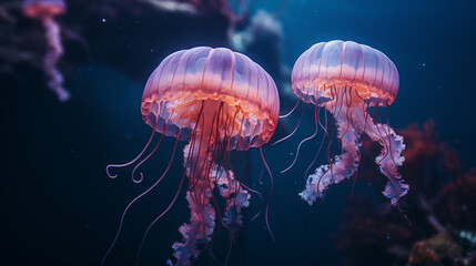 Naklejka premium Glowing Jellyfish Elegantly Drifting in the Blue Ocean Depths
