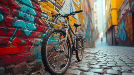 A modern bicycle leaning against a colorful, graffiti-covered wall in an urban alley. 