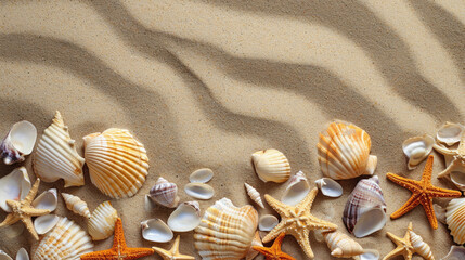 Fototapeta na wymiar Seashells and starfish on the sand. Summer background